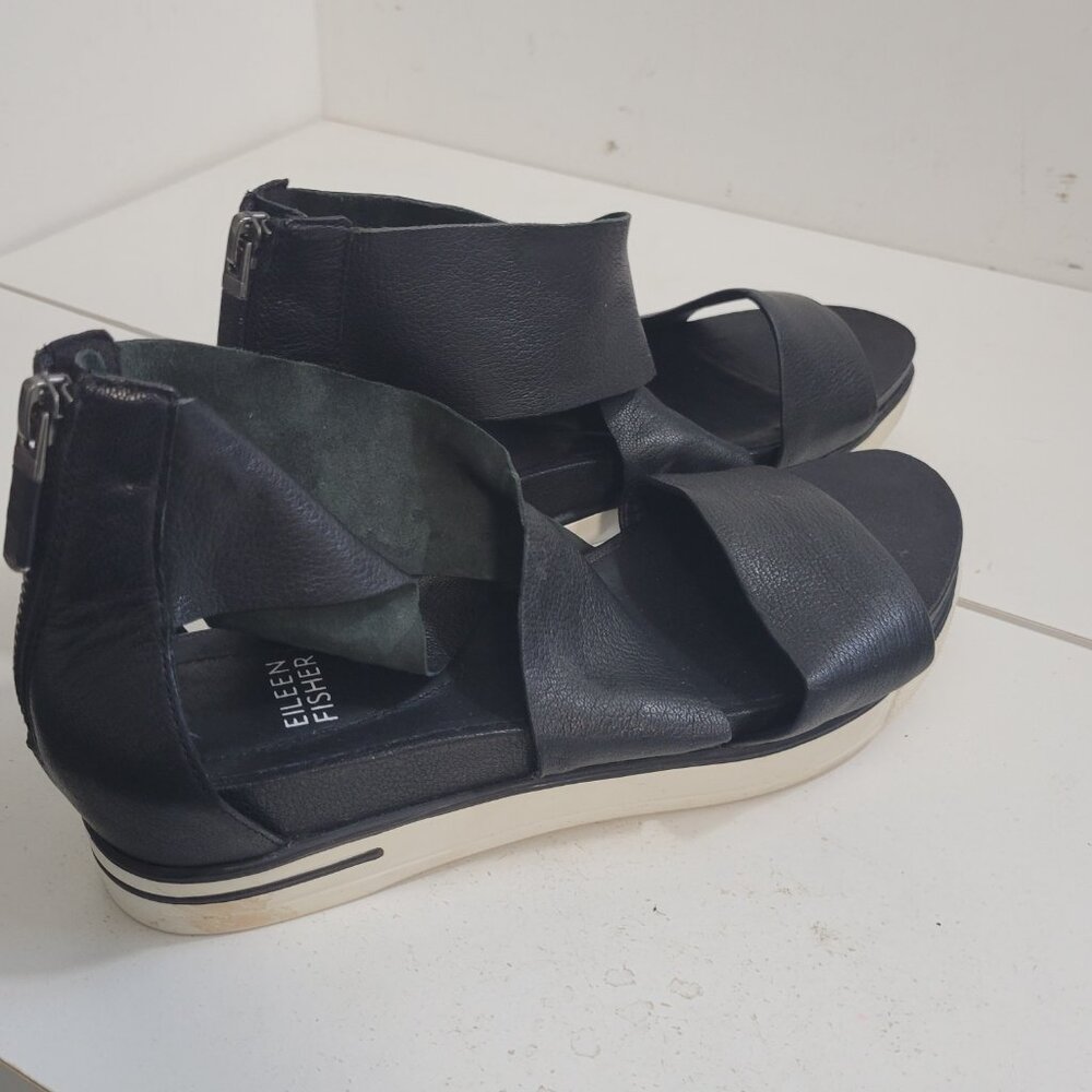 Eileen Fisher Black Leather Open Toe Zipper Back Shoes Size 8 - Picture 5 of 11